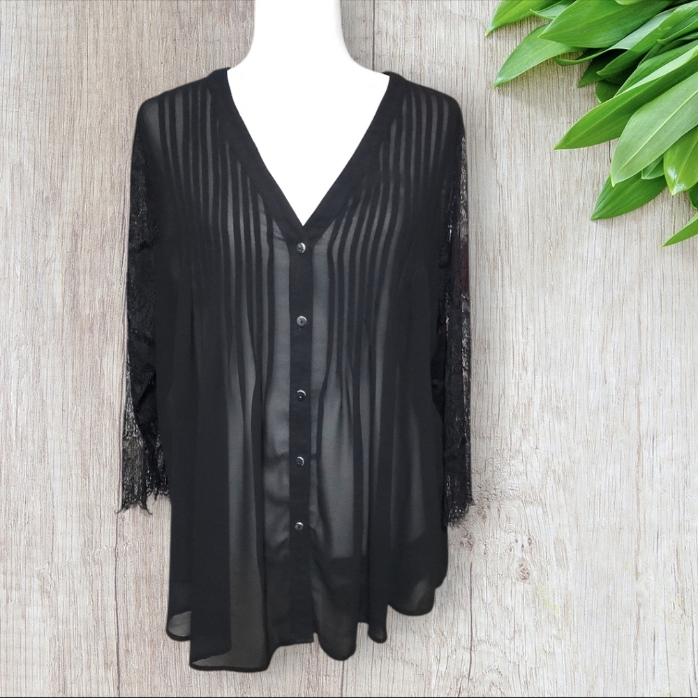 New Directions Black Sheer Button Up Lace Sleeve Blouse Size 2X